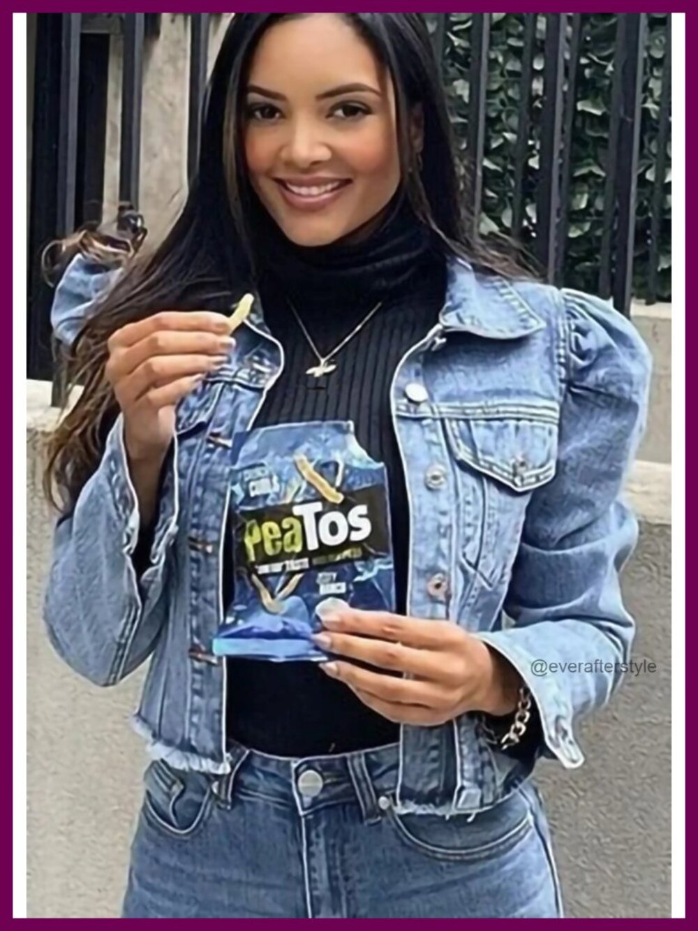 Cropped Denim Jacket with Puff Sleeves Button Down - Picture 4 of 6